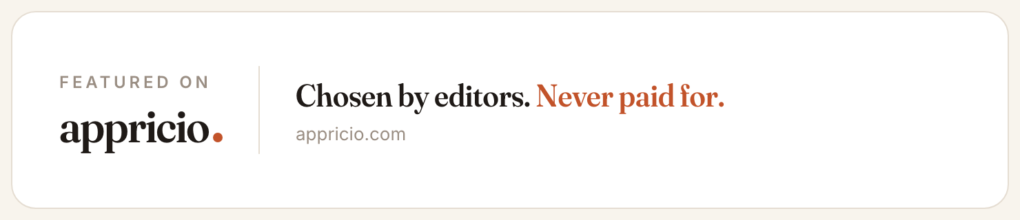 Email signature strip: Featured on Appricio, chosen by editors, never paid for