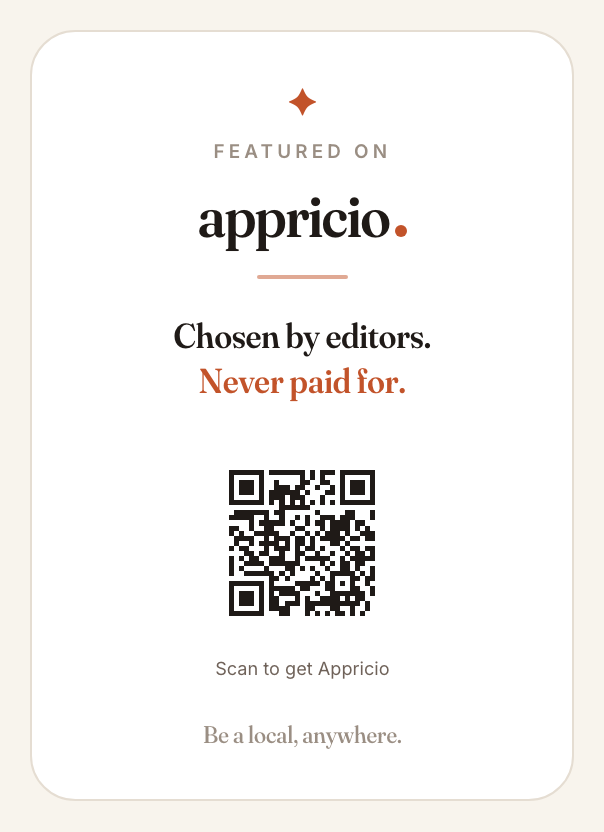 Window decal: Featured on Appricio, chosen by editors, never paid for, with a QR code