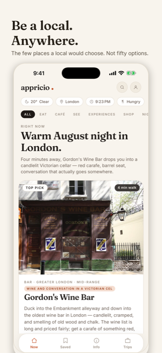 Appricio home screen: one strong pick for right now in London