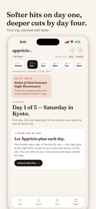 Appricio trip planning: softer hits on day one, deeper cuts by day four
